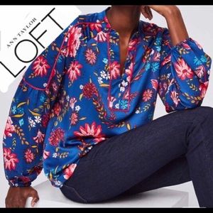 LOFT Petite M Wildflower Satin Split Neck Blouse